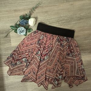 Boho Handkerchief Hem Mini Skirt | Love Blossoms Burgundy Paisley Print Size S